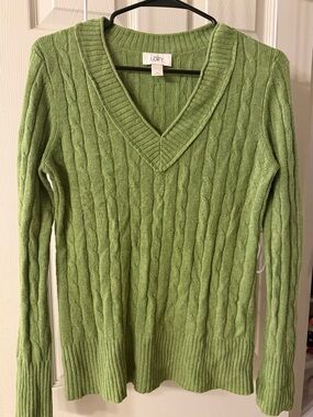 LOFT V-Neck Cable Knit Sweater in Light Green